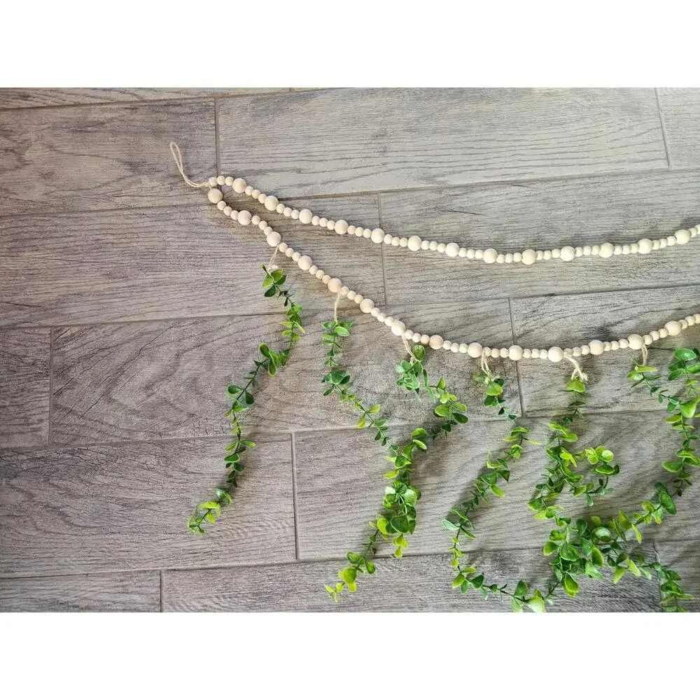 Brand New Artificial Eucalyptus Wall Hanging Decor Boho Wood Beads Long 42